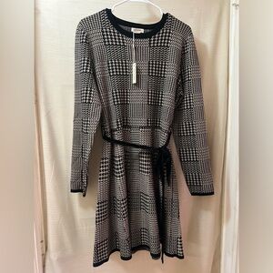 Max Studio Black and Gold Houndstooth Long Sleeve Dress Flared Skirt Belted